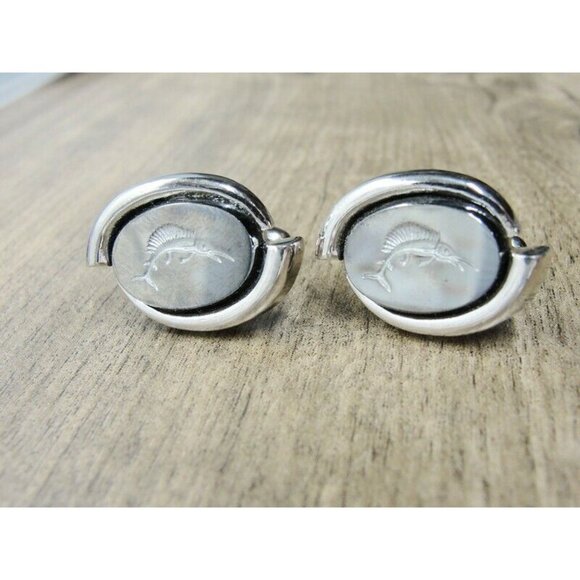 Swordfish Cufflinks Silver Tone Mirrored Finish Tux Shirt Dress Suit Vintage - Picture 4 of 8